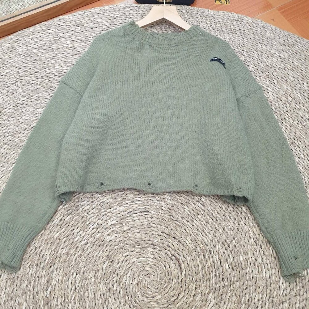 Sage Green Distressed Crop Knit Sweater Trendy Soft Top 🌿